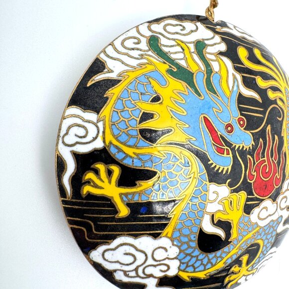 Cloisonne Vtg Enamel Dragon Black Bead Clouds Fire 2" Diameter Gold-Tone Trim - Picture 6 of 7